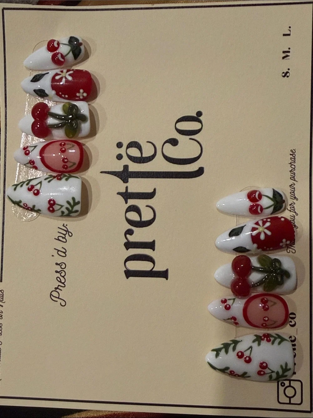 Cherry & Floral handmade acrylic Press-On Nails - White and Red Set
